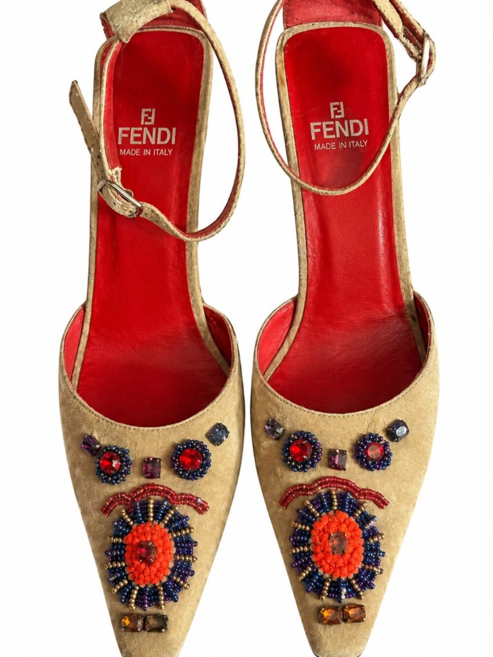 Fendi Beige Suede Ankle Strap Beaded Buckle Heels